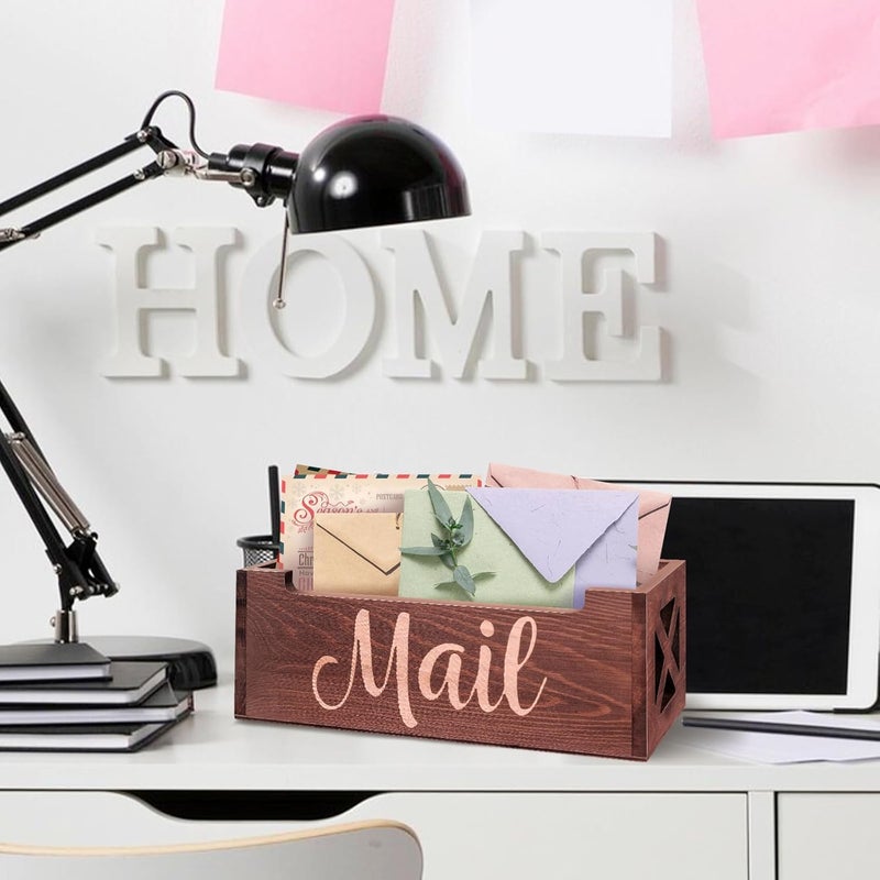 BOTOP Wooden Mail Organizer Mail Holder Countertop, Farmhouse Brown Mail Tray Mail Storage Box for Wall, Rustic Mail Basket Letter Holder for Office Desk - Image 3